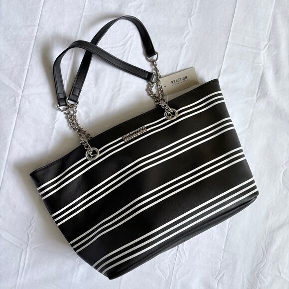 NWT Kenneth Cole Reaction Women's Stripe Tote Purse Black White timeless striped - Picture 1 of 8